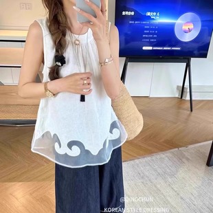 防走光显瘦上衣 亚麻假两件镂空抽褶吊带背心女内搭宽松设计感无袖