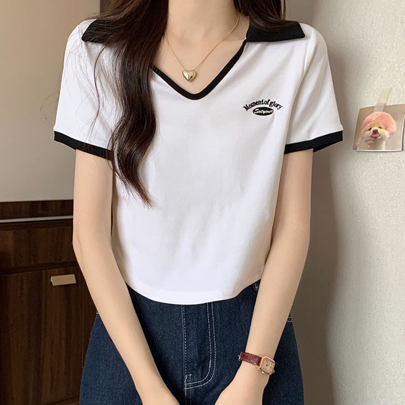 白色V领撞色短袖T恤女2025新款薄