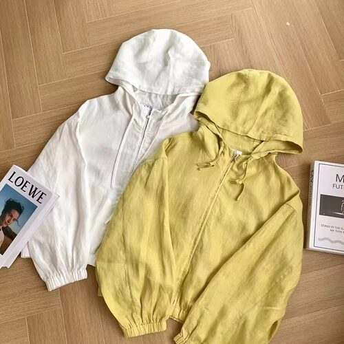 连帽高品质亚麻轻薄拉链防晒衣女
