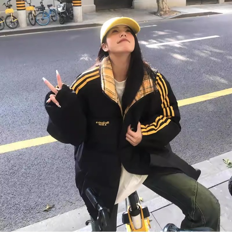 秋冬新款条纹拼接棉服外套女加厚