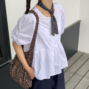 设计感白色洋气百搭上衣薄 纯棉圆领短袖 t恤女夏季 新款 内搭泡泡袖