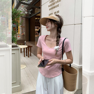 粉色宽大V领露锁骨正肩短袖T恤女夏外穿纯棉简约休闲甜美韩系上衣