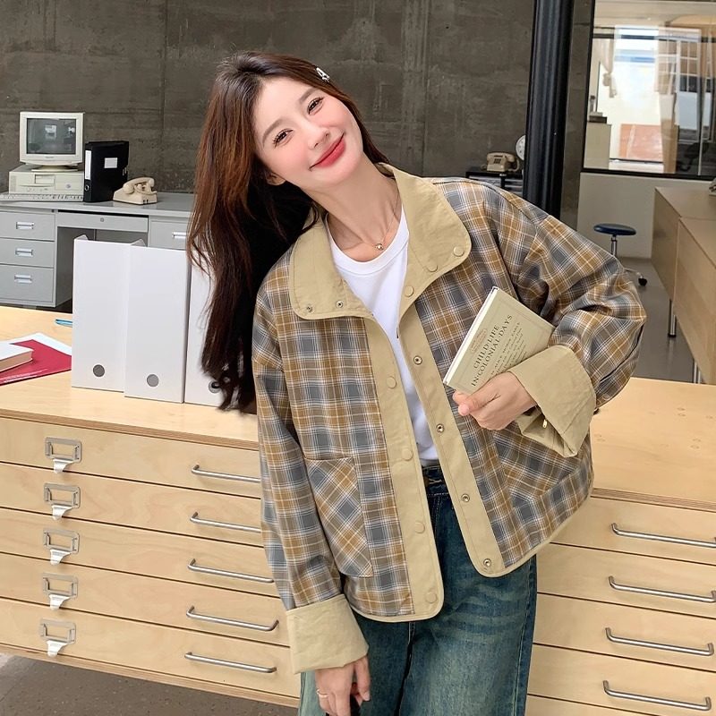 韩系两面穿立领短款外套女外穿设计感洋气工装纽扣夹克小个子上衣,女装/女士精品,短外套,淘宝优惠券,粉丝福利购,淘宝优惠卷