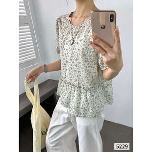 韩系木耳边碎花纯棉短袖 减龄圆领设计感上衣薄 T恤女2025新款 时尚