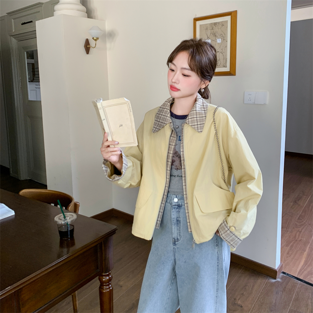 格子拼接短款黄色工装外套女春夏2025新款小个子休闲美式夹克流行