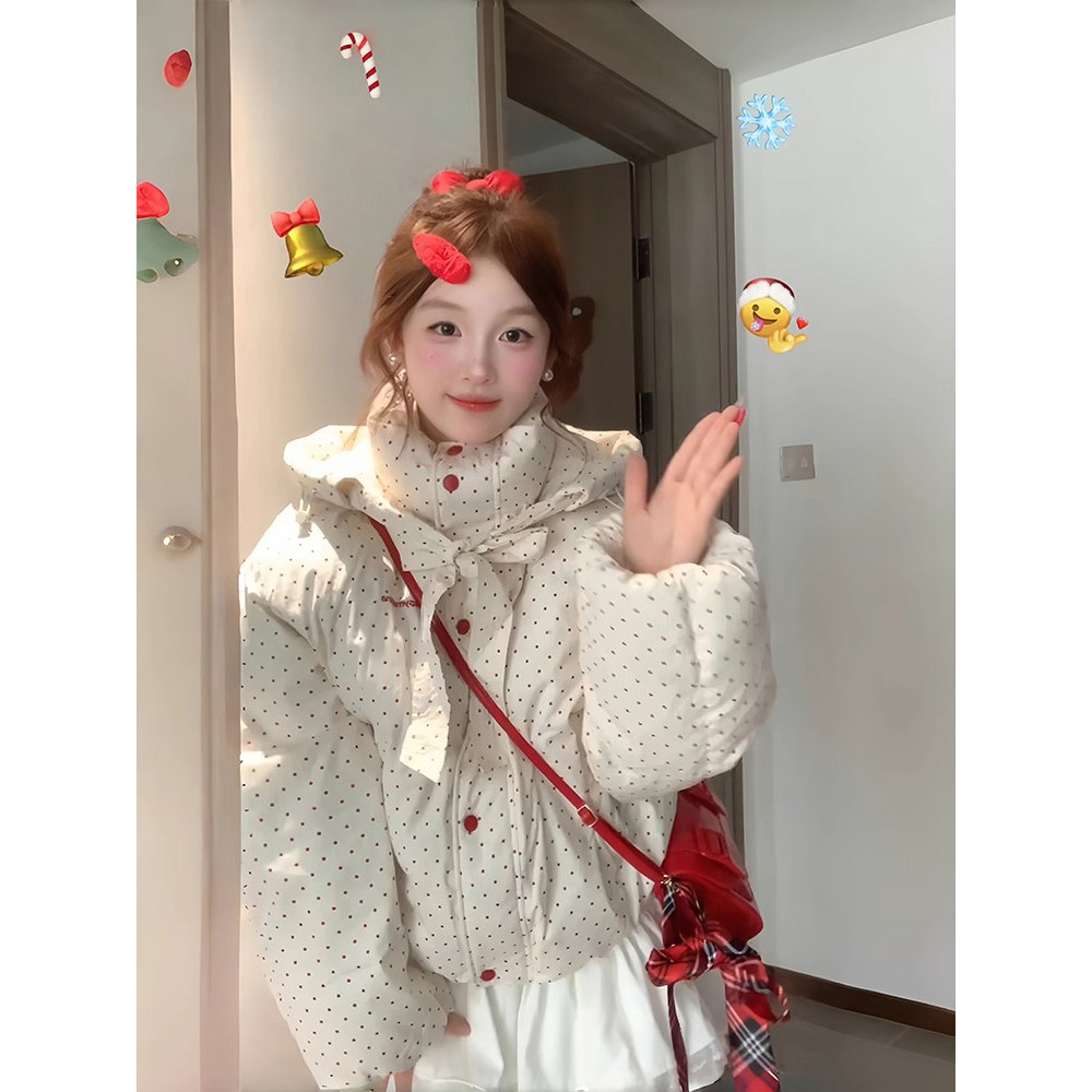 韩版波点连帽羽绒服外套女2025新款宽松加厚小个子面包服保暖棉服,女装/女士精品,羽绒服,淘宝优惠券,粉丝福利购,淘宝优惠卷