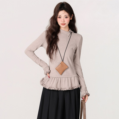德绒木耳边半高领打底衫女设计感