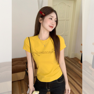 纯棉圆领黄色正肩字母短袖T恤女