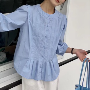 显瘦罩衫 纯棉圆领泡泡袖 设计感宽松七分袖 t恤女2025新款 褶皱短袖