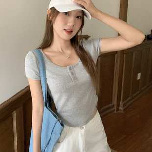 上衣 掐腰短款 纯欲甜妹bm风纽扣设计正肩短袖 t恤女纯棉小个子修身
