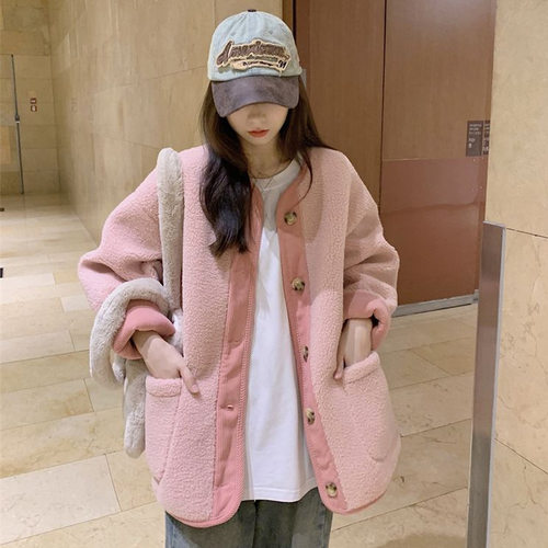 圆领撞色羊羔毛外套女2026爆款潮