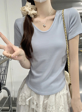 莫代尔V领抽褶收腰短袖T恤女正肩基础款内搭上衣夏百搭弧形下摆薄