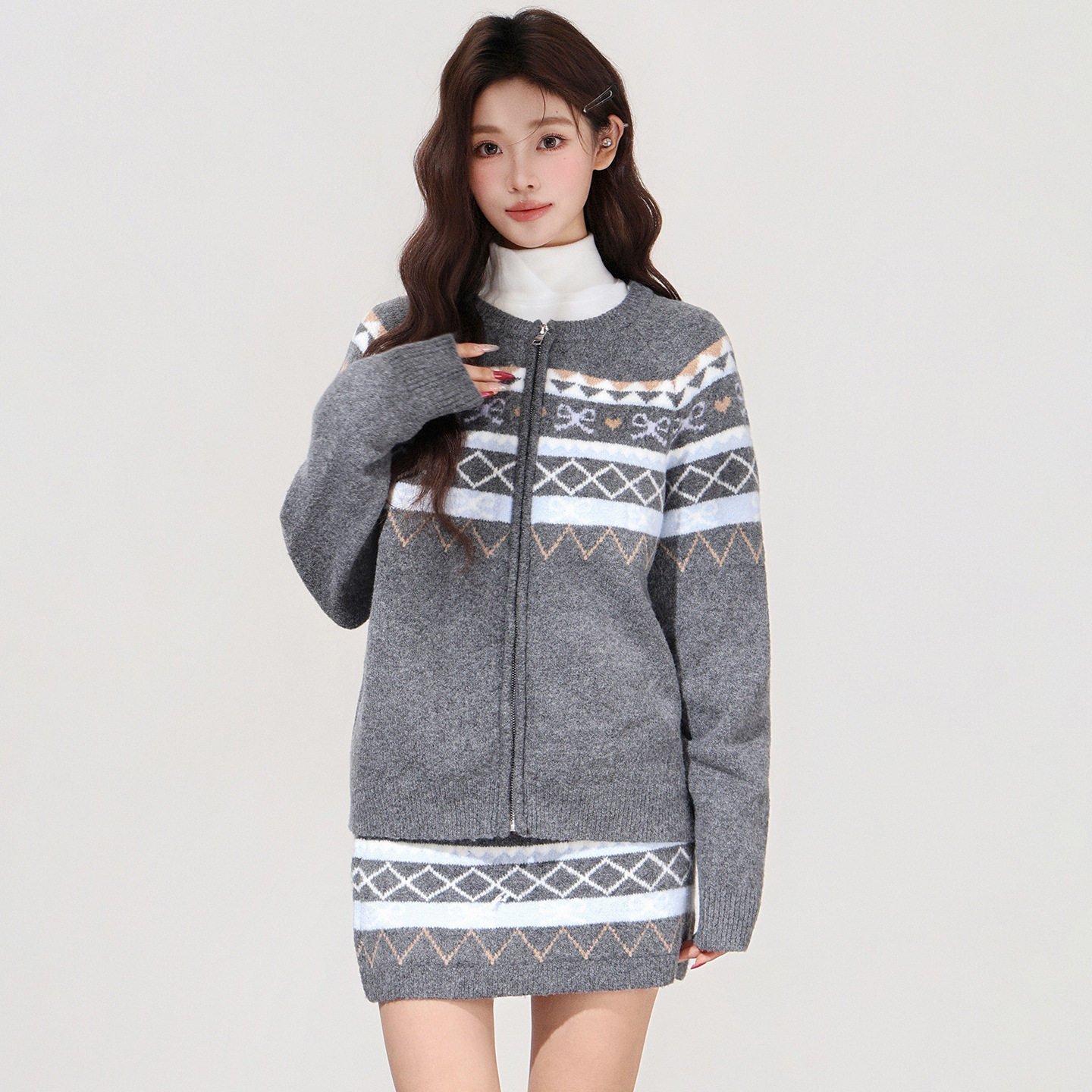 秋冬穿搭两件套费尔岛加厚毛衣外套女高腰修身针织开衫包臀短裙潮