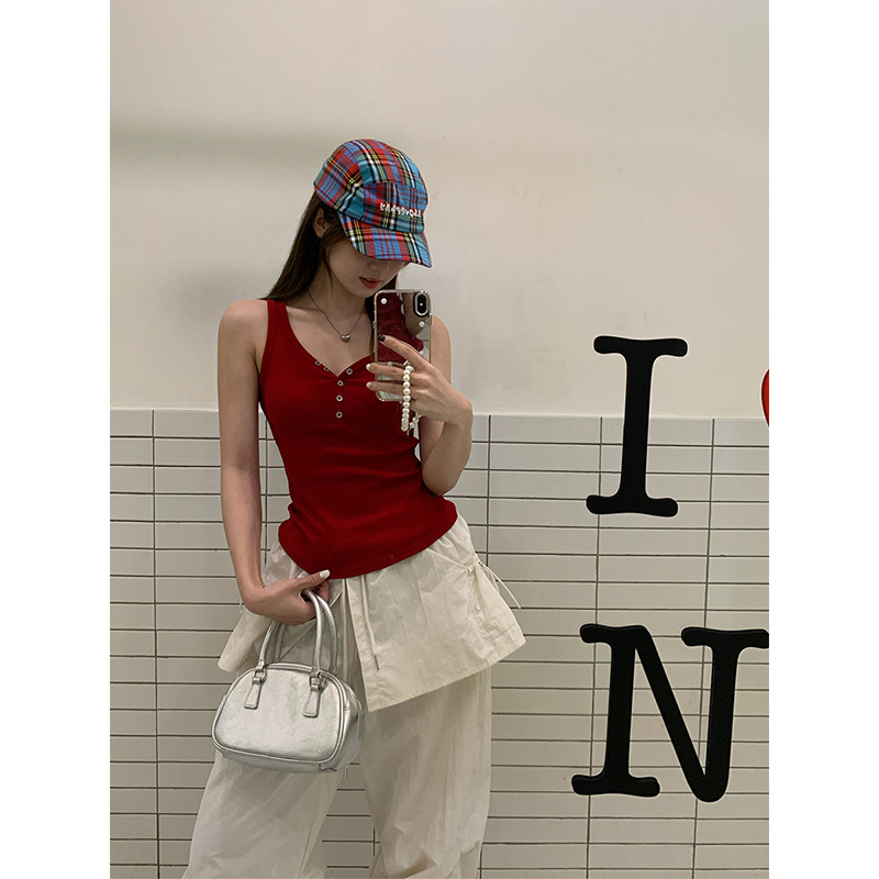 纯欲红色背心吊带女内搭2025新款无袖遮副乳纯棉显瘦宽肩带上衣薄