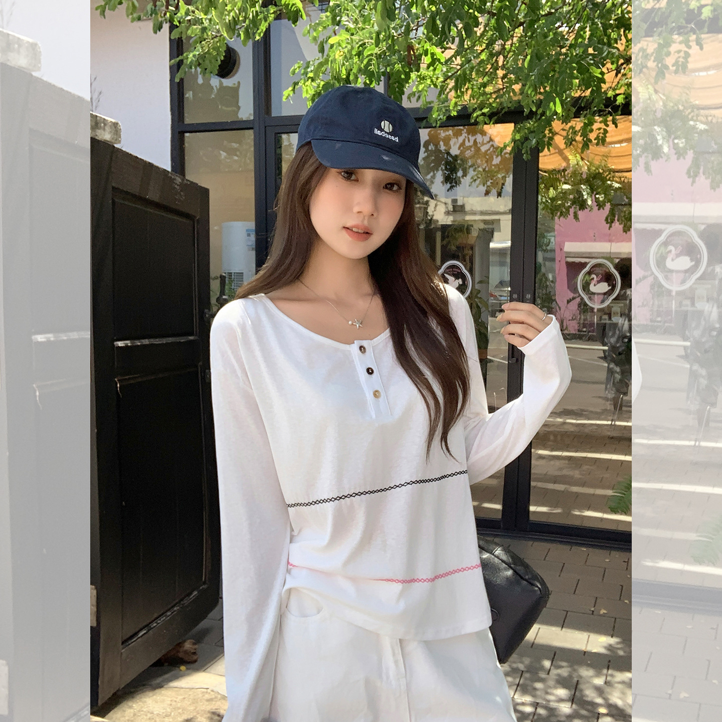 天丝设计感撞色半开领打底衫女薄