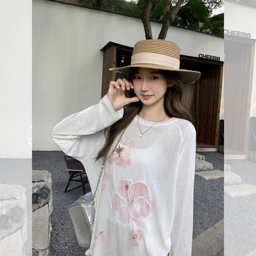 天丝花朵印花微透防晒长袖T恤女