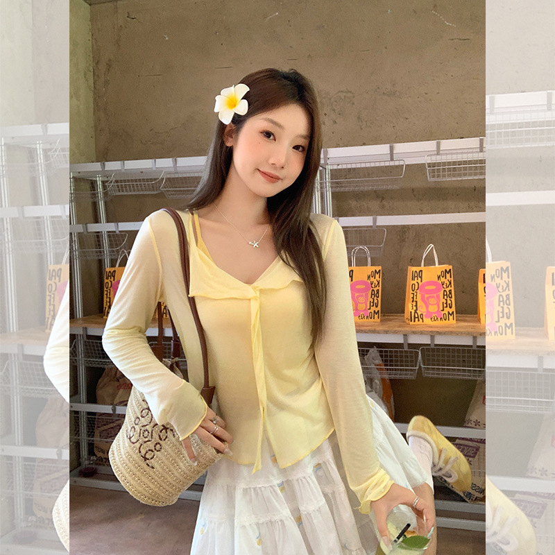 天丝翻领微透防晒长袖罩衫女2025夏新款宽松露锁骨设计感凉感t恤