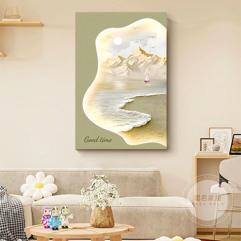 奶油风客厅装饰画壁灯现代简约沙发背景墙挂画高档砂岩肌理玄关画