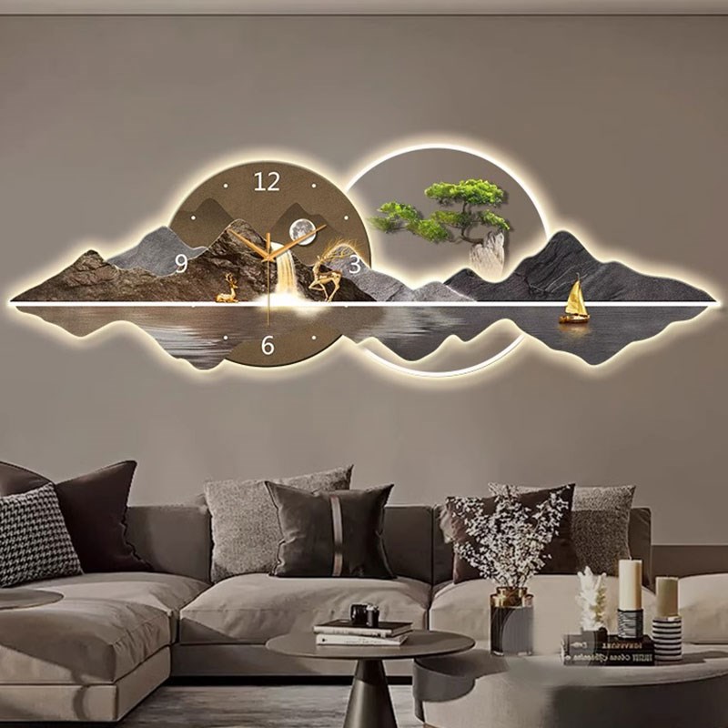 带灯静音钟表客厅高端装饰画LED发光沙发背景墙挂钟壁.灯画靠山图