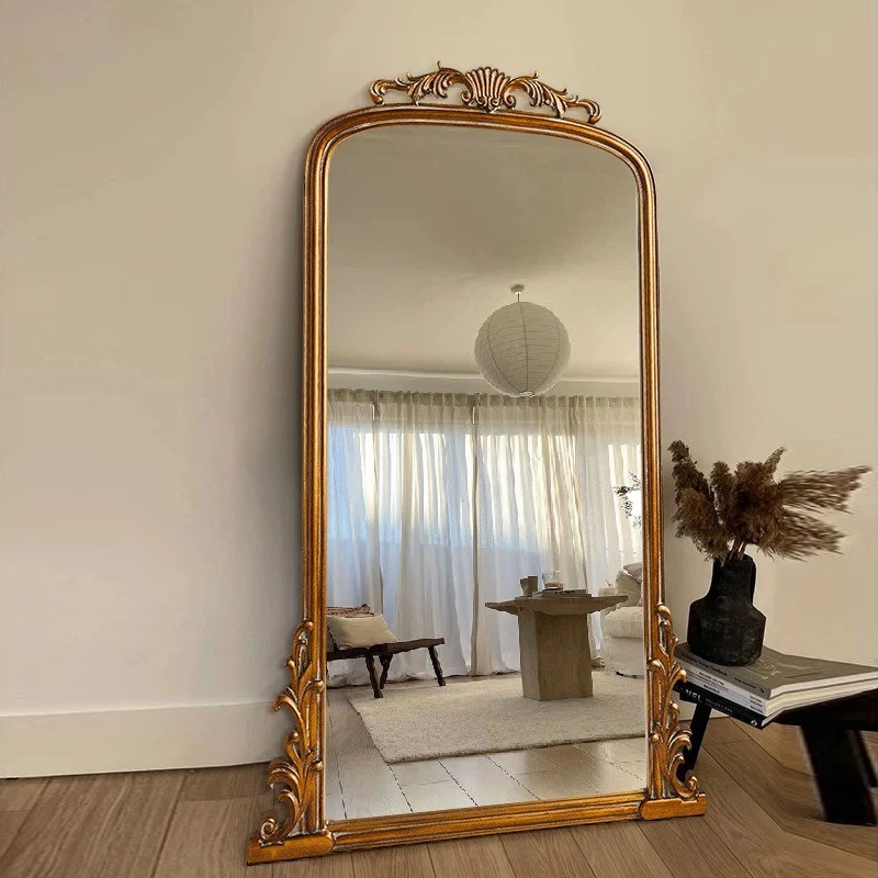 法式贴墙落地镜衣帽间试衣镜子欧式复古雕花穿衣镜家用壁挂全身镜