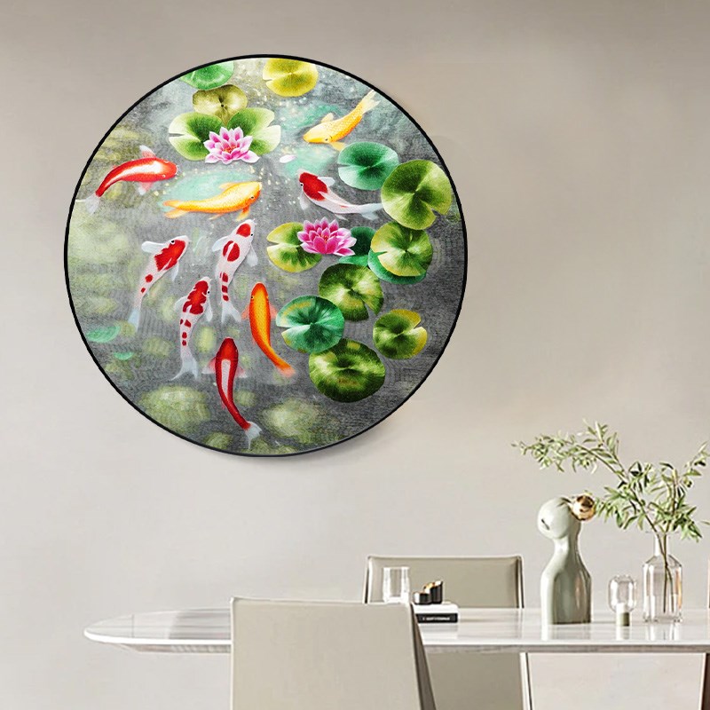 新中式风格圆形纯手工苏绣刺绣画锦鲤戏荷玄关过S道走廊客厅装饰