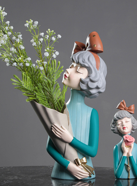 现代创意蝴蝶结女孩花瓶摆件轻奢风客厅角几边几玄关干花插花摆设