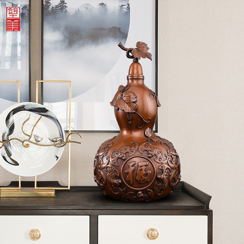 紫铜葫芦摆件五福临门铜葫芦招客厅入户玄关八方来财开口空心大号