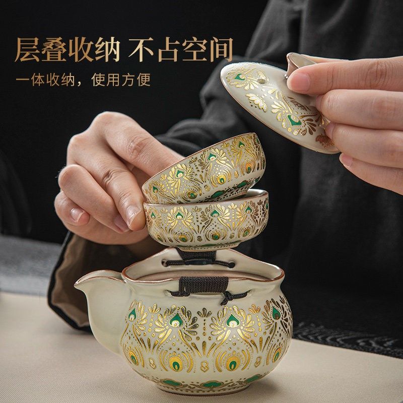 敦煌汝窑旅行茶具套组一人饮户外可携式包三杯防烫泡茶壶陶瓷茶杯