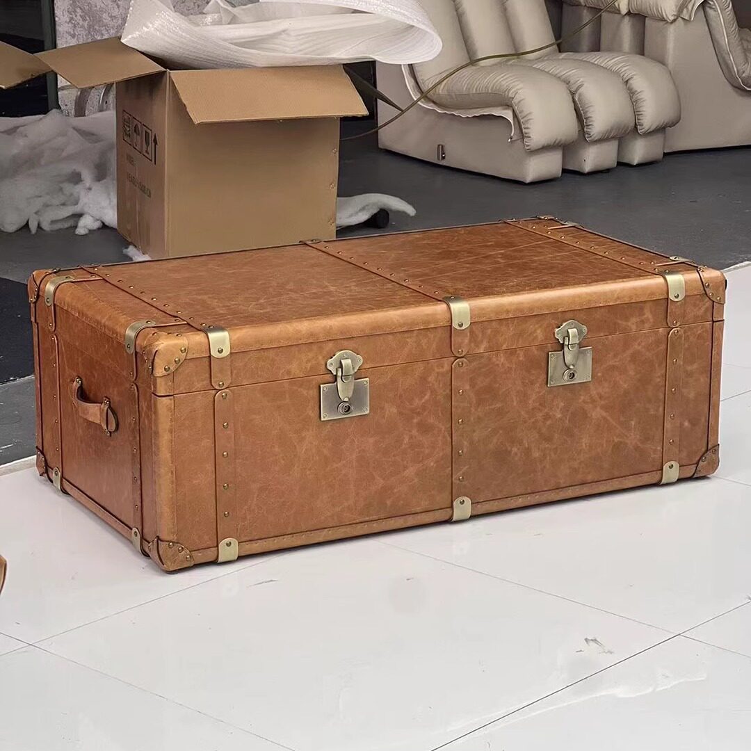 中古风复古油蜡皮皮箱茶几