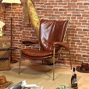美式复古酋长椅中古民宿休闲椅茶空间喝茶椅雪茄吧沙发雪茄椅真皮