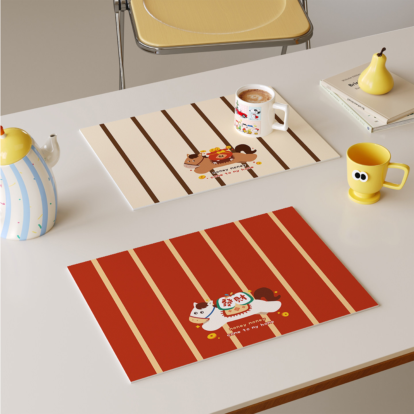 红色新年小马西餐垫皮革防水防油防烫免洗高级感隔热桌垫小块杯垫,居家布艺,餐垫,淘宝优惠券,粉丝福利购,淘宝优惠卷