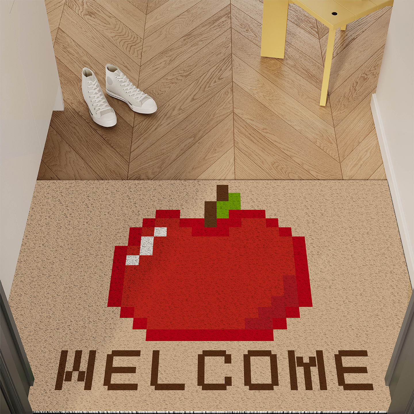 像素风卡通苹果入户地垫丝圈防滑