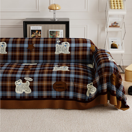 中古风格子沙发巾盖布全包沙发垫