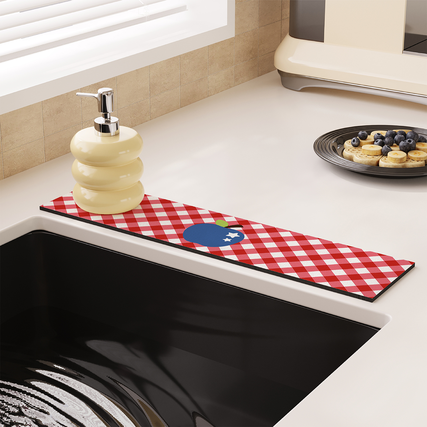 卡通苹果格纹水龙头吸水垫沥水垫