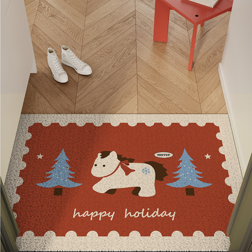 圣诞风小马卡通新年入户地垫丝圈