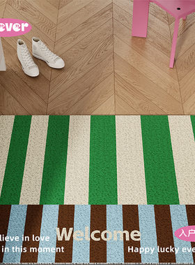 复古条纹多巴胺撞色丝圈地垫入户门垫防滑耐脏毯玄关门口进门脚垫