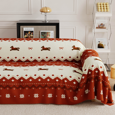 费尔岛新年红色沙发盖布盖巾防水