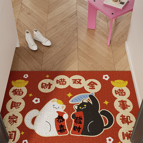 发财猫入户地垫丝圈喜庆红色新年进门防滑蹭土除尘脚垫玄关门口毯