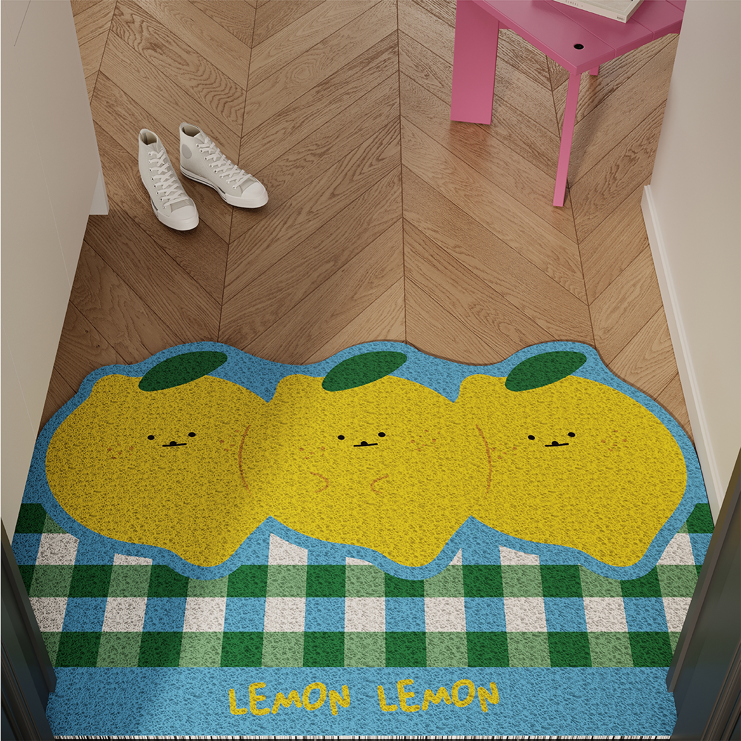 韩系卡通柠檬熊入户地垫丝圈防滑