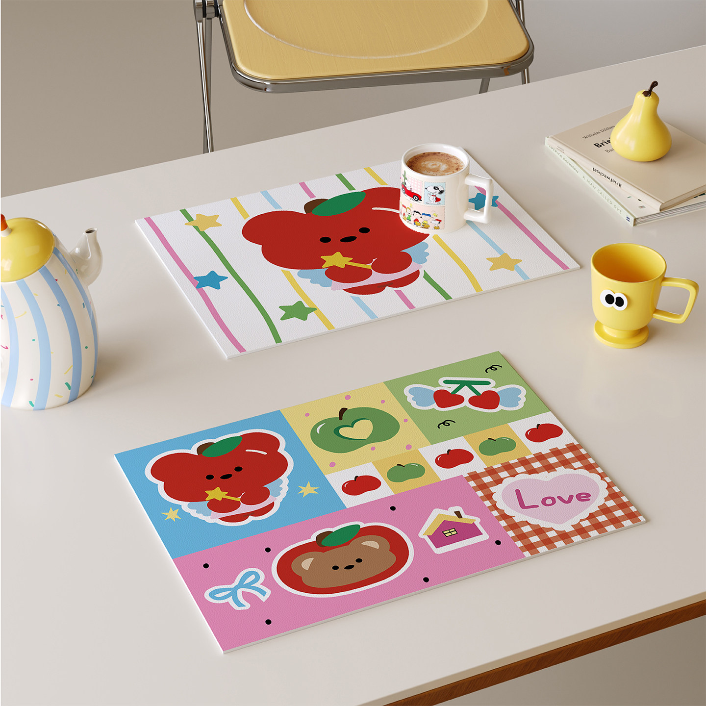 多巴胺苹果小熊西餐垫皮革防水防油防烫免洗高级感隔热垫小块杯垫,居家布艺,餐垫,淘宝优惠券,粉丝福利购,淘宝优惠卷