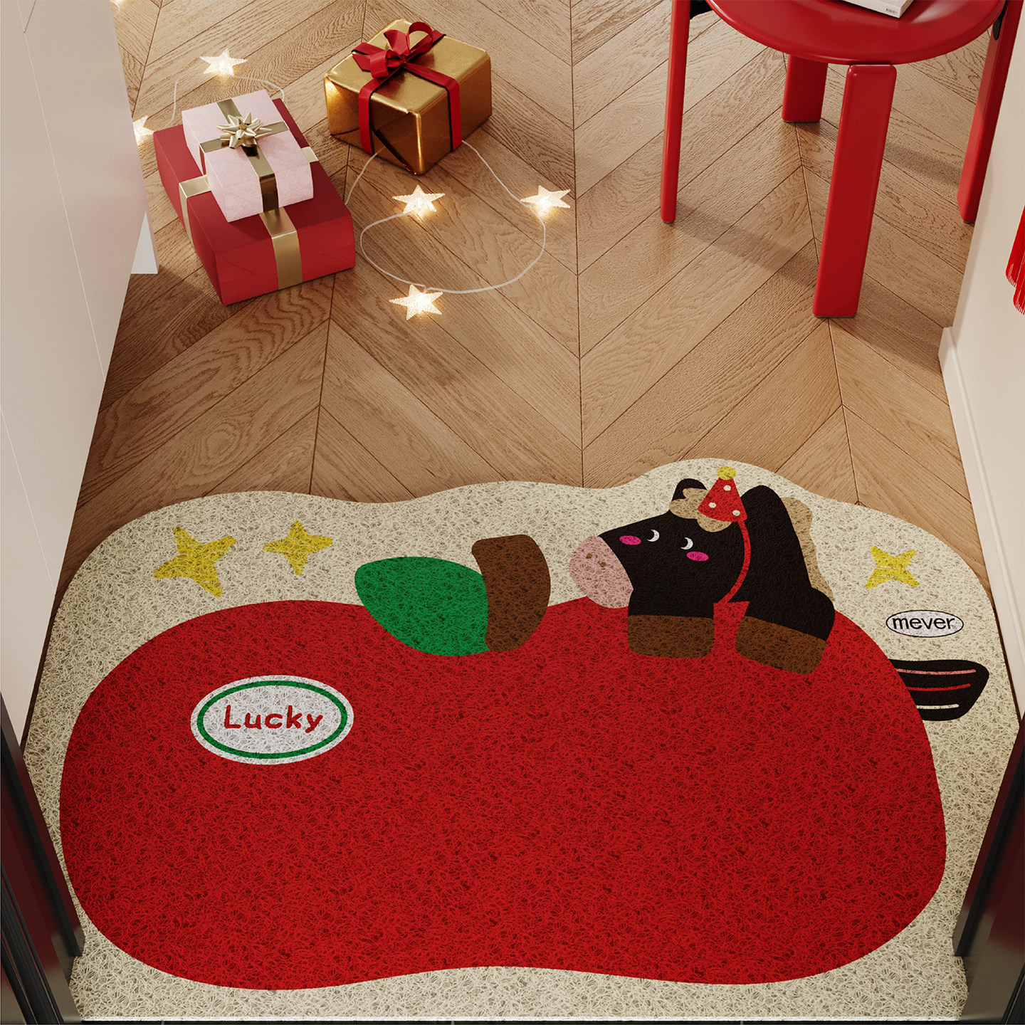 卡通苹果小马新年入户地垫丝圈防滑耐脏脚垫玄关大门口地毯可裁剪,居家布艺,入户地垫,淘宝优惠券,粉丝福利购,淘宝优惠卷