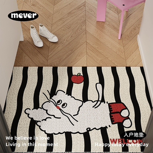 粉黑线条小猫入户地垫丝圈防滑脚垫毯进门垫子玄关门口可定制耐脏