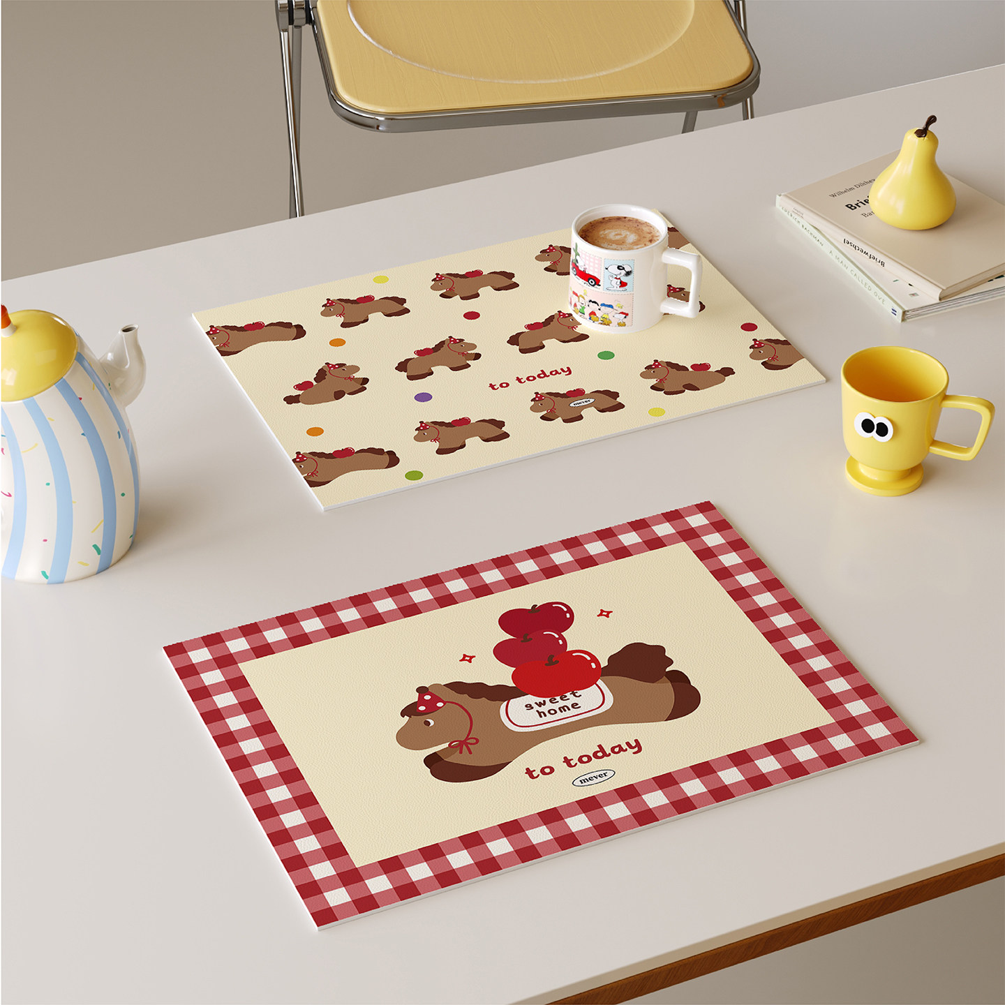 卡通小马新年西餐垫皮革防水防油防烫免洗高级感隔热桌垫小块杯垫,居家布艺,餐垫,淘宝优惠券,粉丝福利购,淘宝优惠卷
