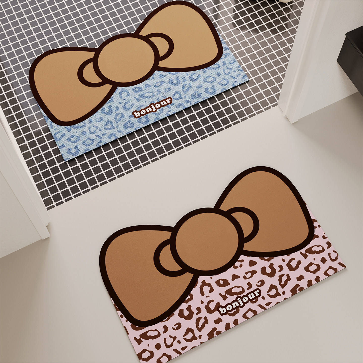 韩式豹纹蝴蝶结浴室地垫硅藻泥吸水速干厕所卫生间门口防摔防滑垫