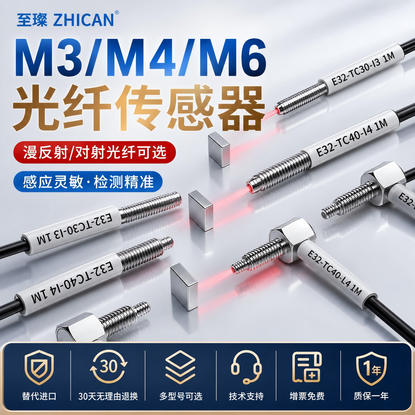 至璨工业级M3/M4/M6光纤传感器探头直角弯头漫反射对射光纤放大器图片