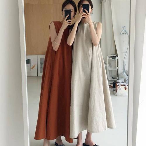 韩版圆领A字裙棉麻纯色大摆无袖