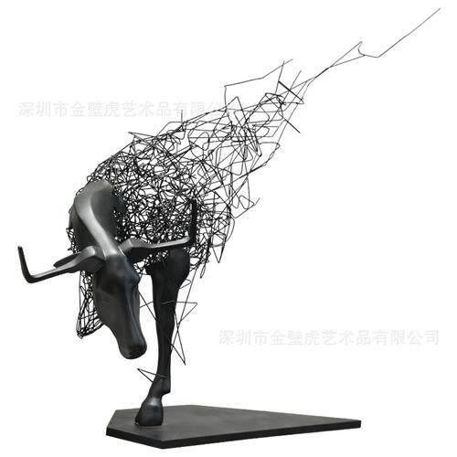 新款铁线野牛雕塑售楼部大堂落地斗牛摆件商业中心小区动物小品