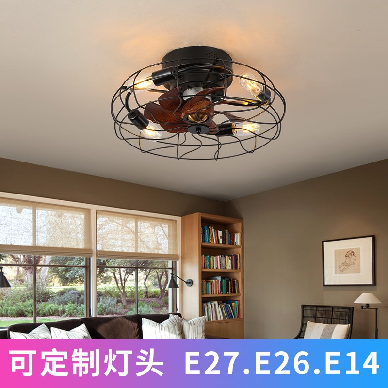 新款铁艺卧室吸顶吊扇灯一体家用餐厅创复古客T厅书房电风扇吊灯
