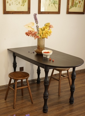 0J法式复古轻奢实木岛台餐桌家用小户型黑色弧形半圆椭圆靠墙饭桌