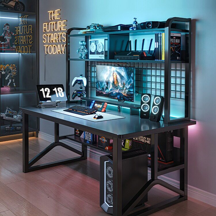 台式电竞桌椅组合简约家用男生黑电脑桌子书架一体学生学习写字桌